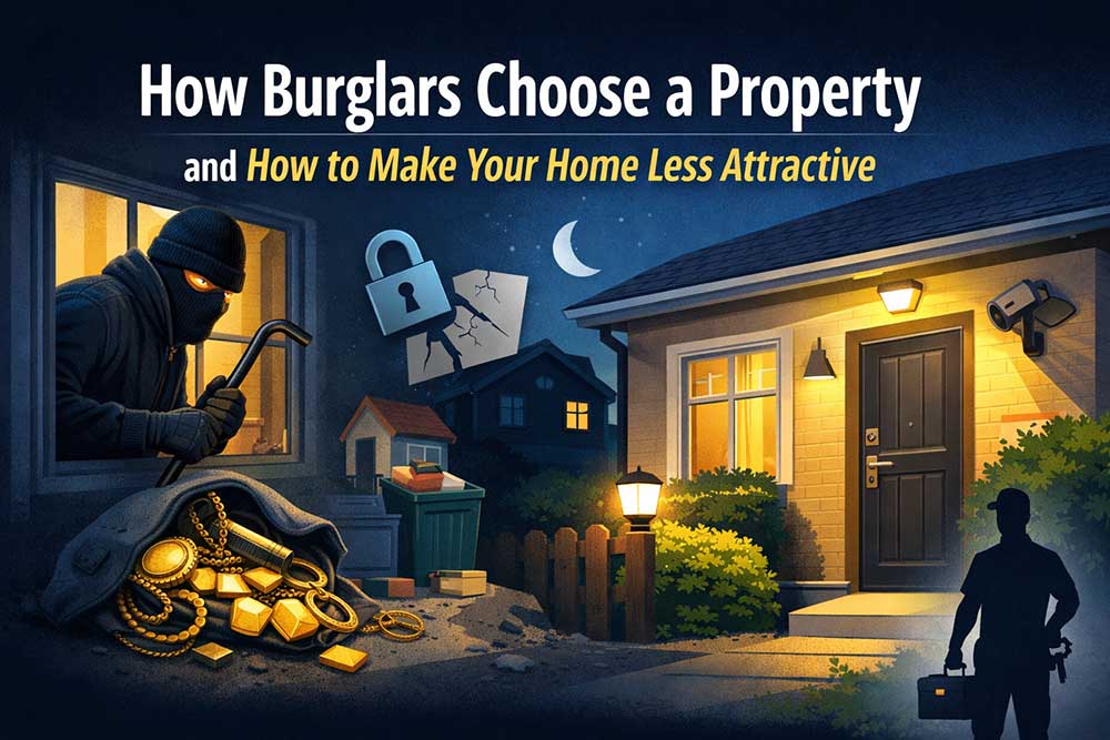 Illustration showing how burglars target homes and how improved lighting, locks and security make a property less attractive